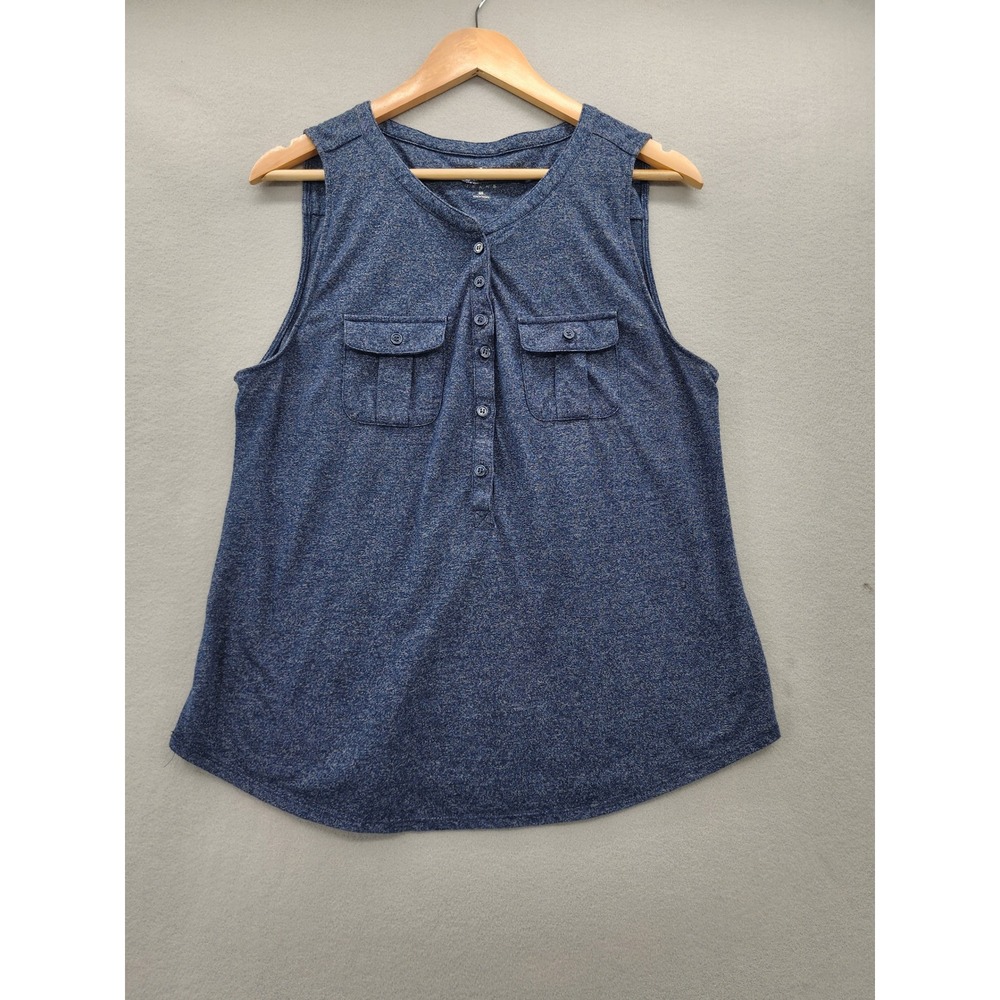Soho New York & Company Jeans‎ Blue Space Dye Henley Sleeveless Blouse XL Top